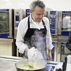 Alain Passard cooking in the training kitchen of Swedish Culinary Team at Electrolux HQ.
