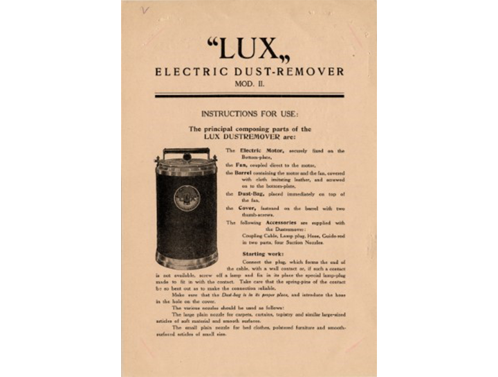 Front page of a Lux Electric Dust remover ad brochure from 1912