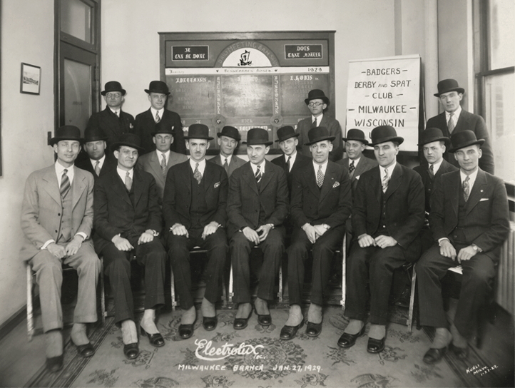 A january 1929 photo of the home salesmen of the Derby and Spat Club in Milwaukee, Wisconsin, USA.