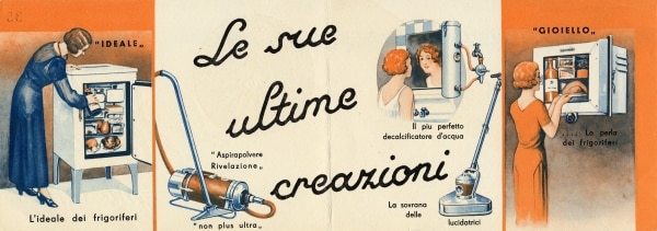 Italian advert for refrigerator, floor polisher and vacuum cleaner