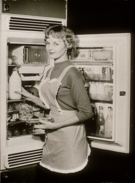 Product photo of woman stocking the refrigerator