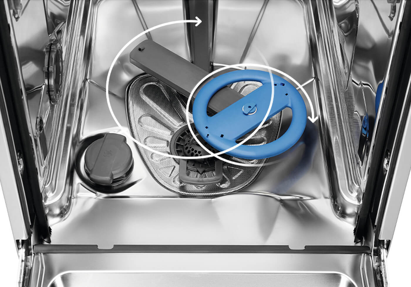 Satellite spray arm in the SprayZone Dishwasher deeply cleans dishes without extra water.