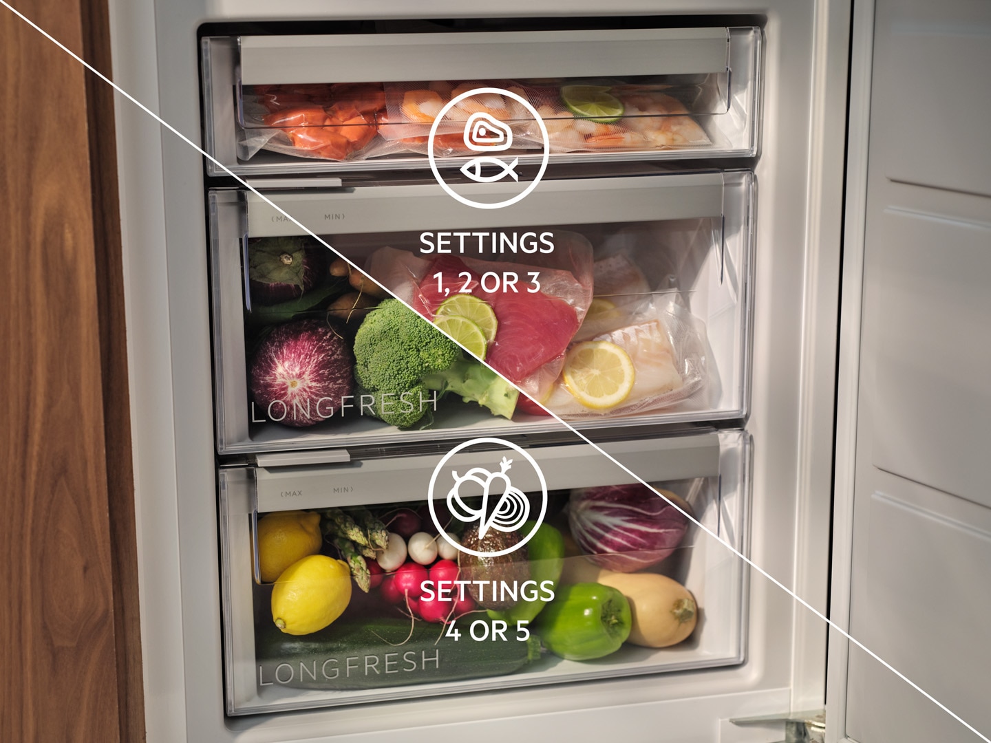 LongFresh compartment can be customised to preserve meat and fish, or fruit and vegetables
