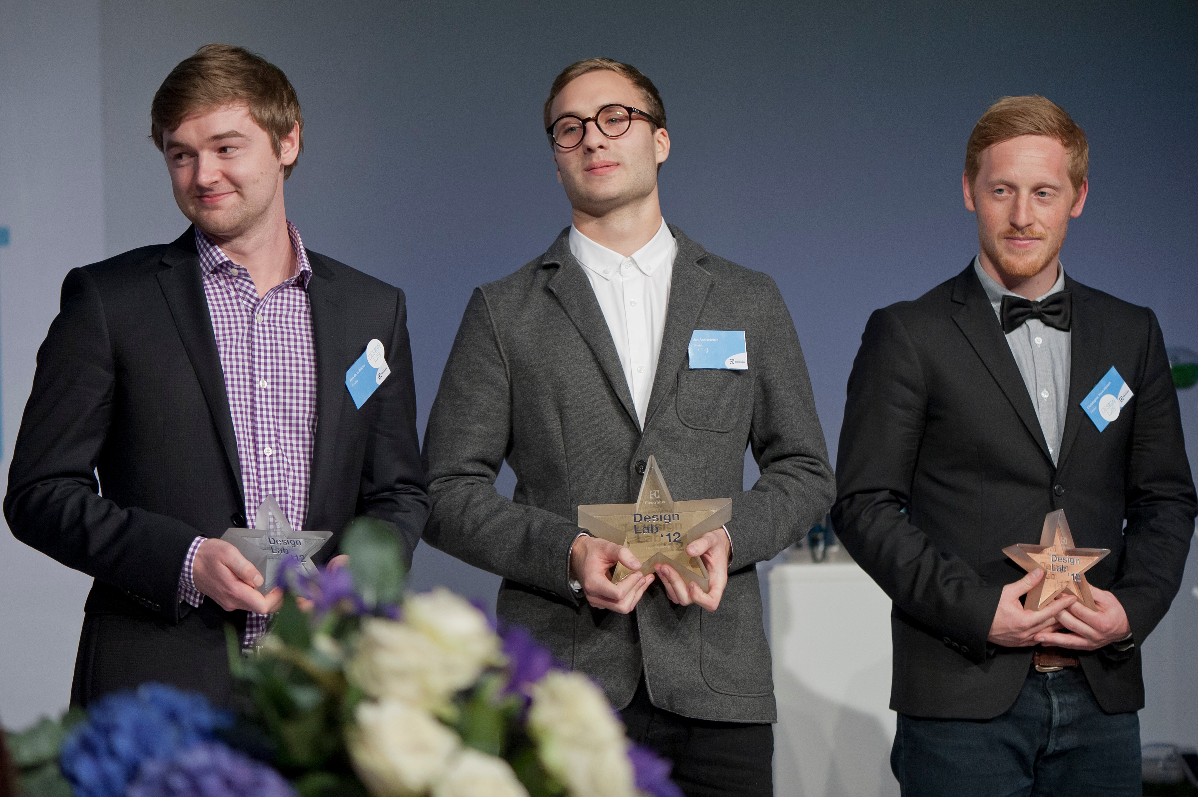 Electrolux Design Lab 2013 competition top three from left to right: Ben de la Roche from New Zealand took third prize, Jan Ankiersztajn from Poland took first prize and Christopher Holm-Hansen from Denmark took second prize in the competition.